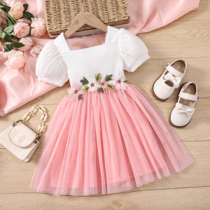Toddler Girl Sweet Floral Design Mesh Splice Puff-sleeve Dress - Pinky/White / 2 Years