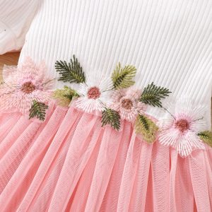 Toddler Girl Sweet Floral Design Mesh Splice Puff-sleeve Dress - Pinky/White / 2 Years