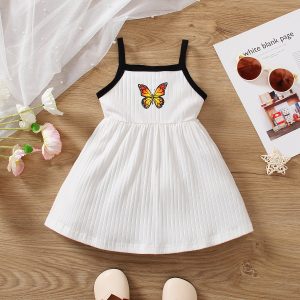 Baby Girl 95% Cotton Butterfly Print Ribbed Cami Dress - White / 18-24 Months