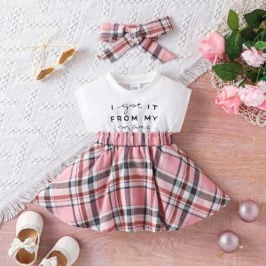 2pcs Baby Girl 95% Cotton Letter Print Sleeveless Spliced Plaid Dress & Headband Set - Pink / 9-12 Months