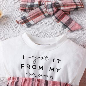 2pcs Baby Girl 95% Cotton Letter Print Sleeveless Spliced Plaid Dress & Headband Set - Pink / 9-12 Months