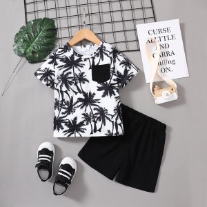 2pcs Toddler Boy Casual Floral Tree Print Tee and Short Set - Black/White / 3-4 Years