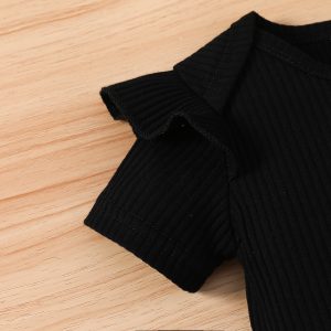 2pcs Baby Girl 95% Cotton Ruffle Trim Short-sleeve Romper and Bear Graphic Polka Dots Overall Dress Set - Black / 12-18 Months