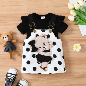 2pcs Baby Girl 95% Cotton Ruffle Trim Short-sleeve Romper and Bear Graphic Polka Dots Overall Dress Set - Black / 12-18 Months