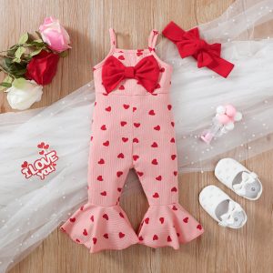 2pcs Baby Girl Allover Heart Print Bow Front Bell Bottom Ribbed Cami Jumpsuit & Headband Set - Pink / 18-24 Months