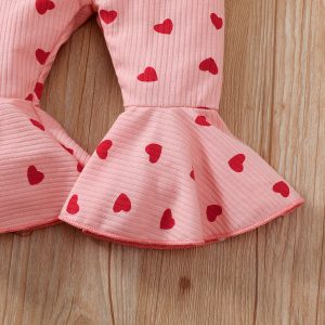 2pcs Baby Girl Allover Heart Print Bow Front Bell Bottom Ribbed Cami Jumpsuit & Headband Set - Pink / 18-24 Months