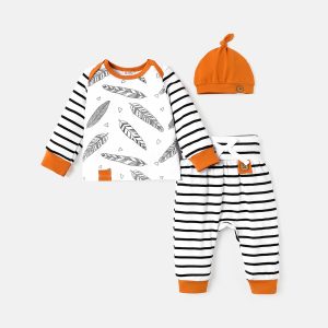 3pcs Baby Boy/Girl 95% Cotton Long-sleeve Feather Print Top and Striped Pants & Hat Set - Black/White / 0-3 Months
