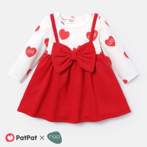 Baby Girl Bow Front Solid & Heart-print Naiaâ„¢ Spliced Long-sleeve Dress - RED/WHITE / 3-6 Months