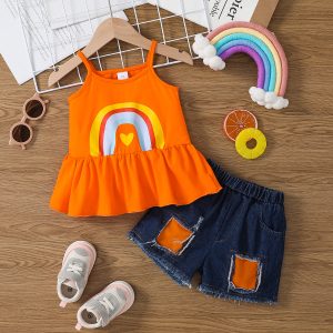 2pcs Toddler Girl Trendy Cotton Ruffled Camisole and Ripped Panel Denim Shorts Set - Orange / 4-5 Years