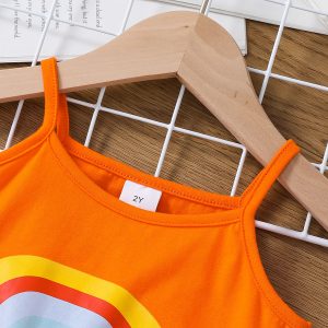 2pcs Toddler Girl Trendy Cotton Ruffled Camisole and Ripped Panel Denim Shorts Set - Orange / 4-5 Years
