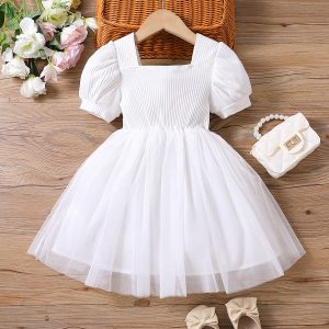 Toddler Girl Sweet Floral Design Mesh Splice Puff-sleeve Dress - Pinky/White / 3-4 Years