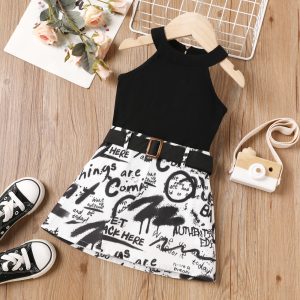 2Pcs Toddler Girl Halter Tank Top and Letter Print Belted Skirt Set - Black / 3-4 Years