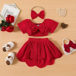 3pcs Baby Girl Solid Eyelet Embroidered Bow Front Short-sleeve Crop Top and High Low Hem Skirt & Headband Set - Red / 18-24 Months