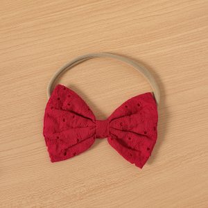 3pcs Baby Girl Solid Eyelet Embroidered Bow Front Short-sleeve Crop Top and High Low Hem Skirt & Headband Set - Red / 18-24 Months
