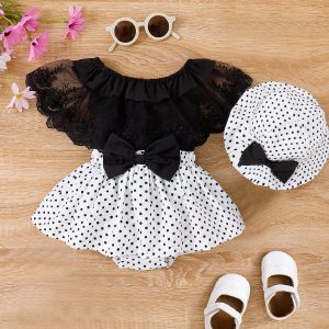 3pcs Baby Girl Lace Top and Allover Polka Dots Bow Decor Skirt and Hat Set - Black / 18-24 Months