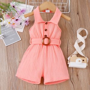 Baby Girl Front Buttons Belted Lapel Neck Strappy Ribbed Rompers - Beige / 18-24 Months