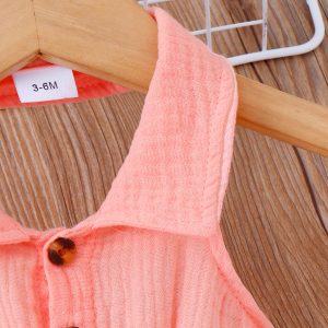 Baby Girl Front Buttons Belted Lapel Neck Strappy Ribbed Rompers - Pink / 9-12 Months