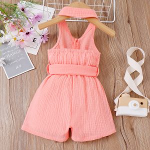 Baby Girl Front Buttons Belted Lapel Neck Strappy Ribbed Rompers - Pink / 6-9 Months