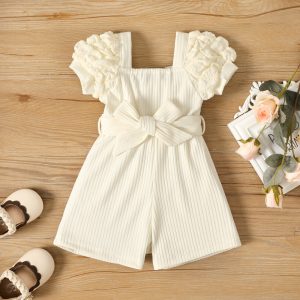 Baby Girl Puff-sleeve Solid Color Jumpsuit - Apricot / 9-12 Months