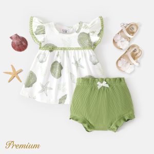 2pcs Baby Girl Naia™ Ocean Print Flutter-sleeve Top and Ruffle Trim Solid Shorts Set - 12-18 Months, GrayGreen