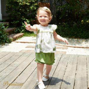 2pcs Baby Girl Naia™ Ocean Print Flutter-sleeve Top and Ruffle Trim Solid Shorts Set - 6-9 Months, GrayGreen