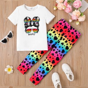 2pcs Kid Girl Figure Print Short-sleeve Tee and Heart Print Colorful Pants Set - Multi Color / 5-6 Years