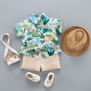 3pcs Toddler Boy Vacation Straw Hat and Animal Floral Print & Shorts Set - Green / 3 Years