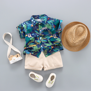 3pcs Toddler Boy Vacation Straw Hat and Animal Floral Print & Shorts Set - Green / 3 Years