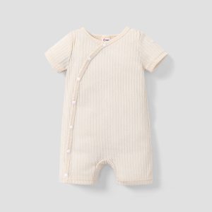 Baby Boy/Girl Solid Ribbed Short-sleeve Romper - Beige / 3-6 Months