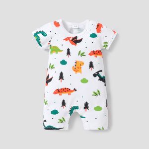 100% Cotton Baby Boy Allover Cartoon Dinosaur Print Short-sleeve Romper - White / 0-3 Months