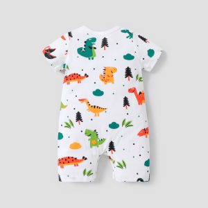100% Cotton Baby Boy Allover Cartoon Dinosaur Print Short-sleeve Romper - White / 3-6 Months