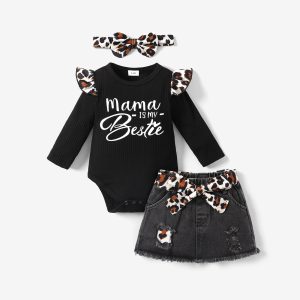 3pcs Baby Girl 100% Cotton Leopard Print Belted Ripped Denim Skirt and Letter Print Rib Knit Long-sleeve Romper with Headband Set - Apricot/brown / 6-9 Months