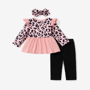 3pcs Baby Leopard Splicing Long-sleeve Cotton Faux-two Top and Trousers Set - Pink / 6-9 Months