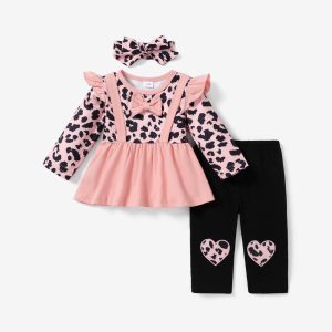 3pcs Baby Leopard Splicing Long-sleeve Cotton Faux-two Top and Trousers Set - Pink / 6-9 Months