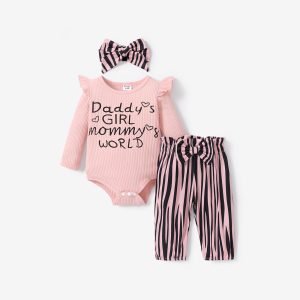 3pcs Baby Girl 95% Cotton Ribbed Letter Print Romper and Striped Pants with Headband Set - Pink / 12-18 Months