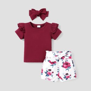 100% Cotton 3pcs Floral Print Short-sleeve Baby Set - Green / 6-9 Months