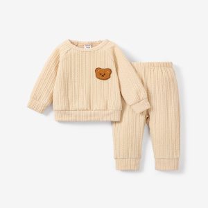 2pcs Baby Girl/Boy Bear Embroidered Textured Top and Pants Set - Brown / 18-24 Months