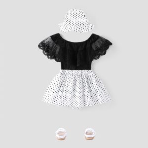 3pcs Baby Girl Lace Top and Allover Polka Dots Bow Decor Skirt and Hat Set - Black / 18-24 Months