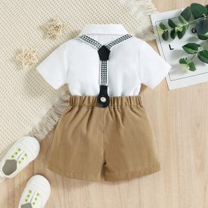 Baby Boy Short-sleeve Party Outfit Gentle Bow Tie Shirt and Suspender Shorts Set - Brown / 6-9 Months