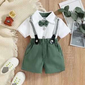 Baby Boy Short-sleeve Party Outfit Gentle Bow Tie Shirt and Suspender Shorts Set - Brown / 6-9 Months