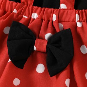 3pcs Baby Girl Cotton Ruffle Short-sleeve Top and Bow Front Polka Dot Suspender Skirt & Headband Set - redblack / 18-24 Months