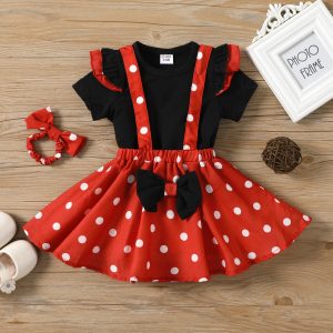 3pcs Baby Girl Cotton Ruffle Short-sleeve Top and Bow Front Polka Dot Suspender Skirt & Headband Set - redblack / 18-24 Months