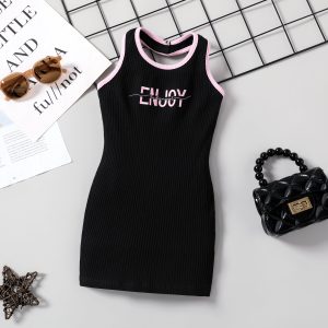 Toddler Girl Halterneck Design Letter Print Dress - Black / 3-4 Years