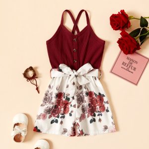 Baby / Toddler Girl Bowknot Floral Jumpsuit - Burgundy / 5-6 Years