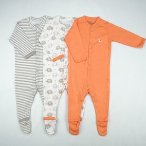 SLEEP SUIT PK3 6-12M PEACH ELEPHANT - New Born