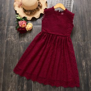 Stylish Kid Girl Princess Lace Sleeveless Solid Dress - Red / 5-6 Years