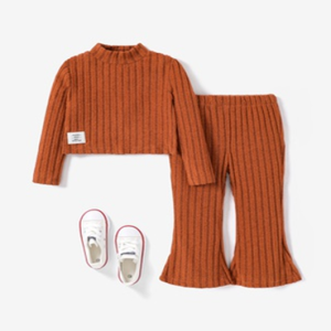 2pcs Toddler Girl's Solid Color Stand Collar Tshirt and Flares Set - Orange / 5-6 Years